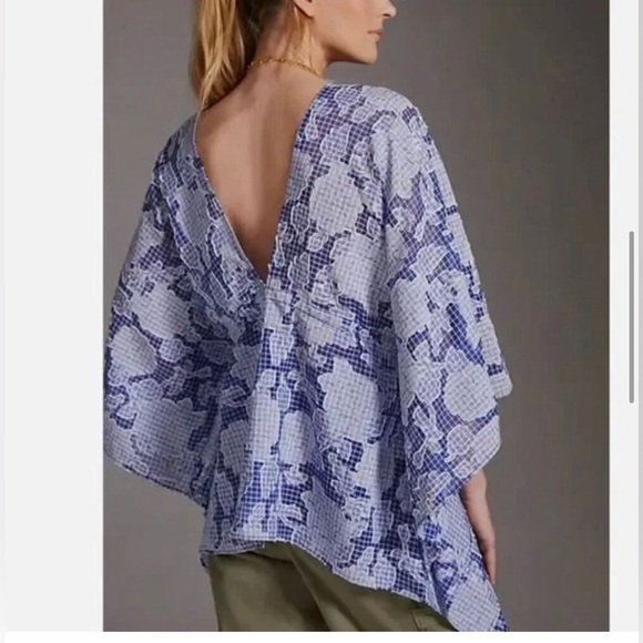 By Anthropologie Tie-Front Caftan Blue Floral One Size - Picture 3 of 5